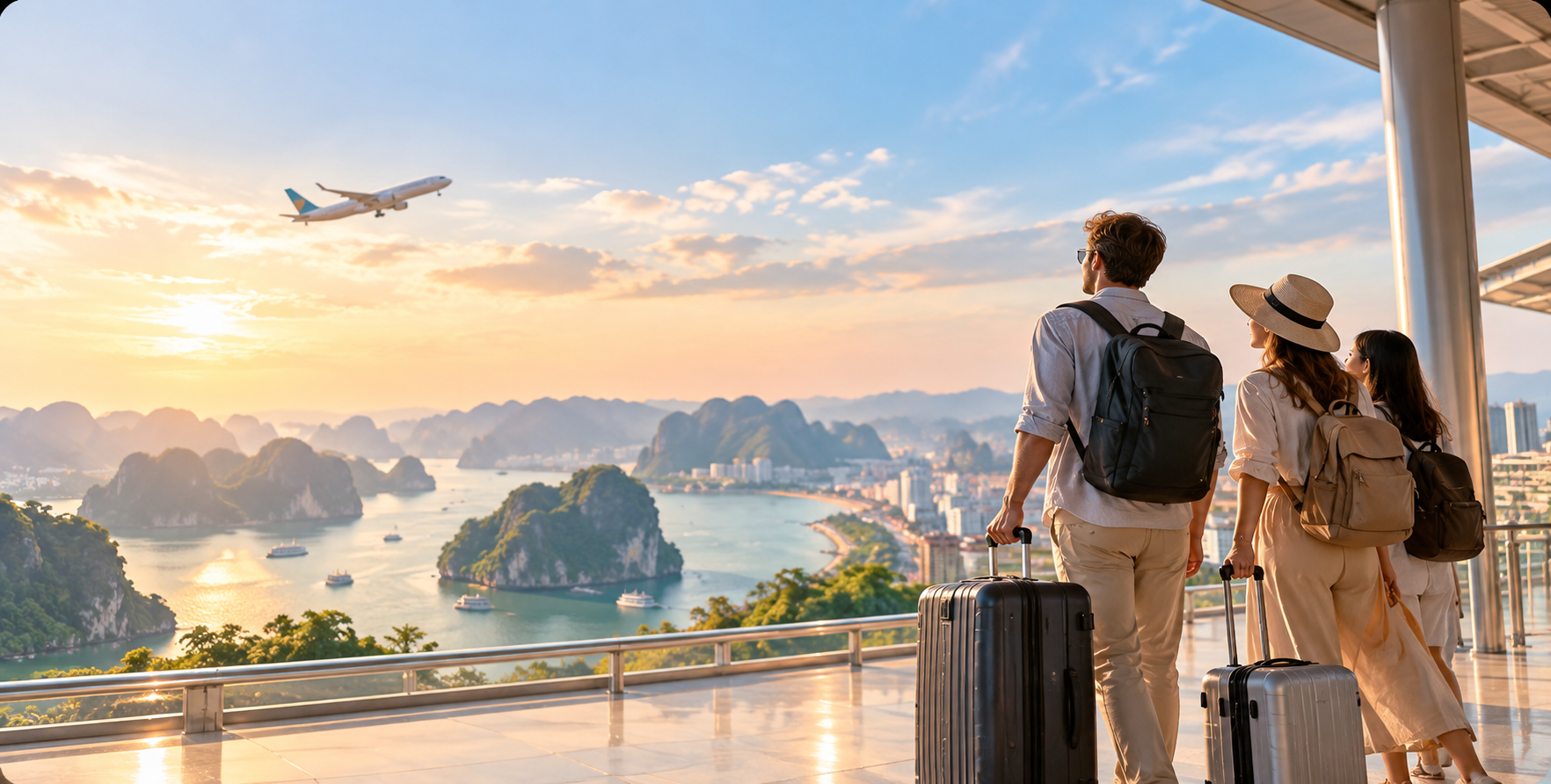 带着行李俯瞰越南海湾的旅客